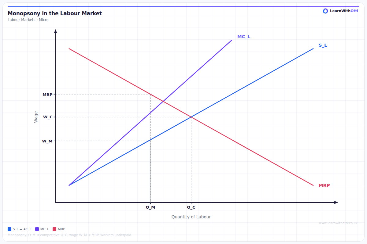 Monopsony in the Labour Market diagram — A-Level Economics Microeconomics | AQA, Edexcel, OCR, CIE