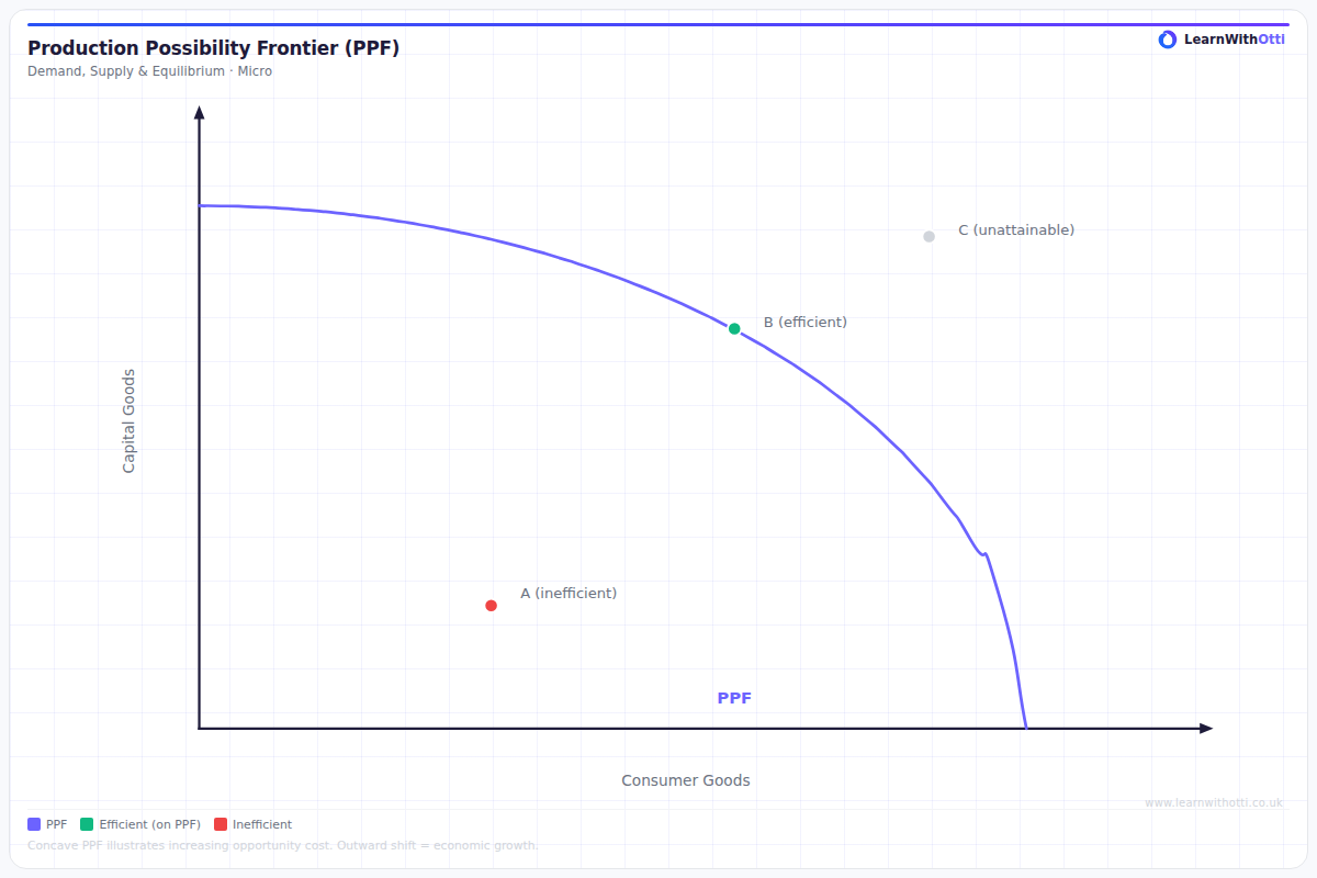 Production Possibility Frontier (PPF) diagram — A-Level Economics Macroeconomics | AQA, Edexcel, OCR, CIE